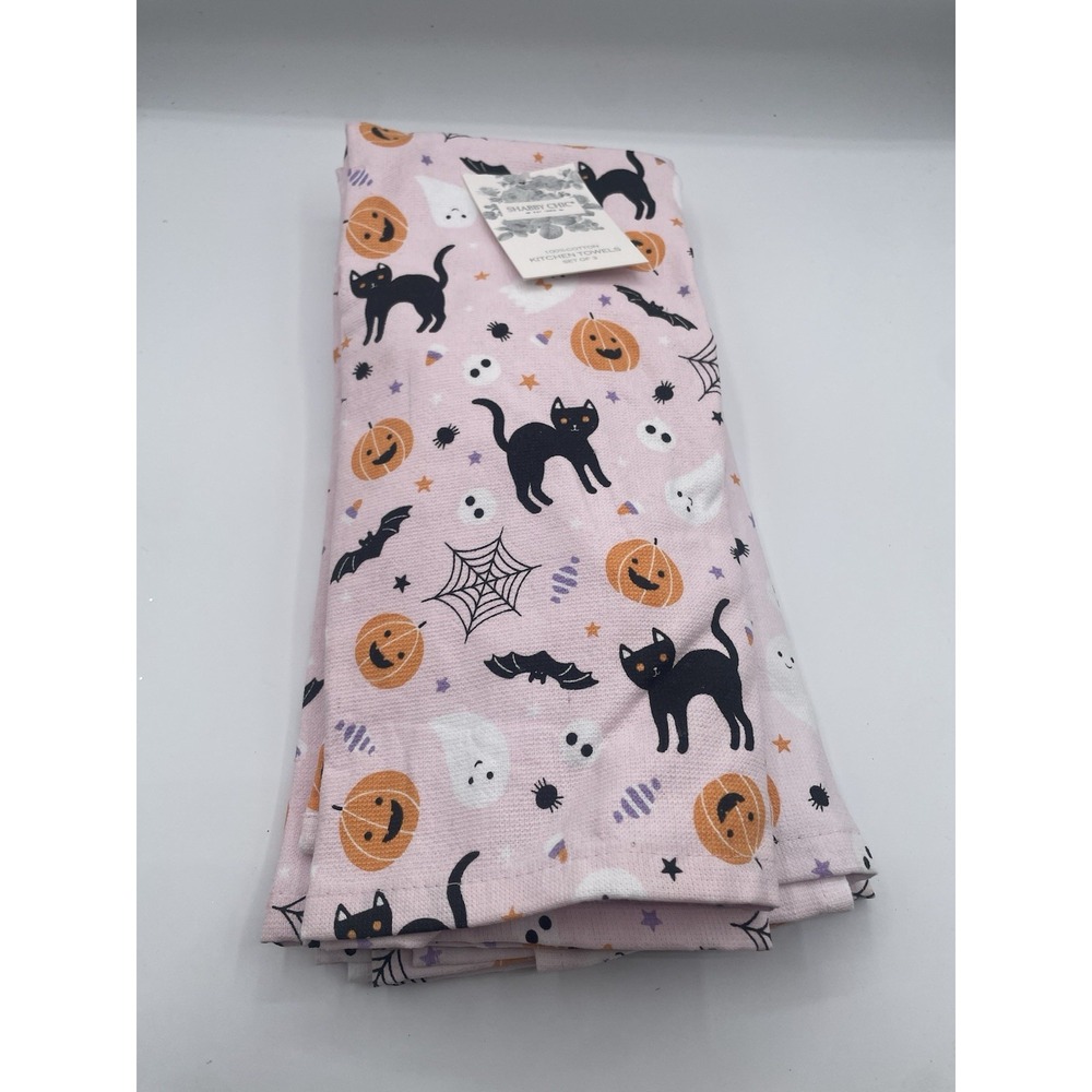Halloween Pink Cats Pumpkins Bats Ghost Kitchen‎ Towels New Shabby Chic Cotton